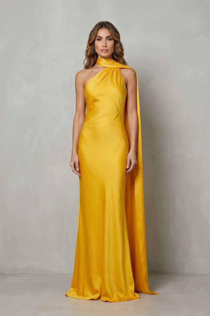 Orlianne – Draped neckline cascade – Satin mermaid gown