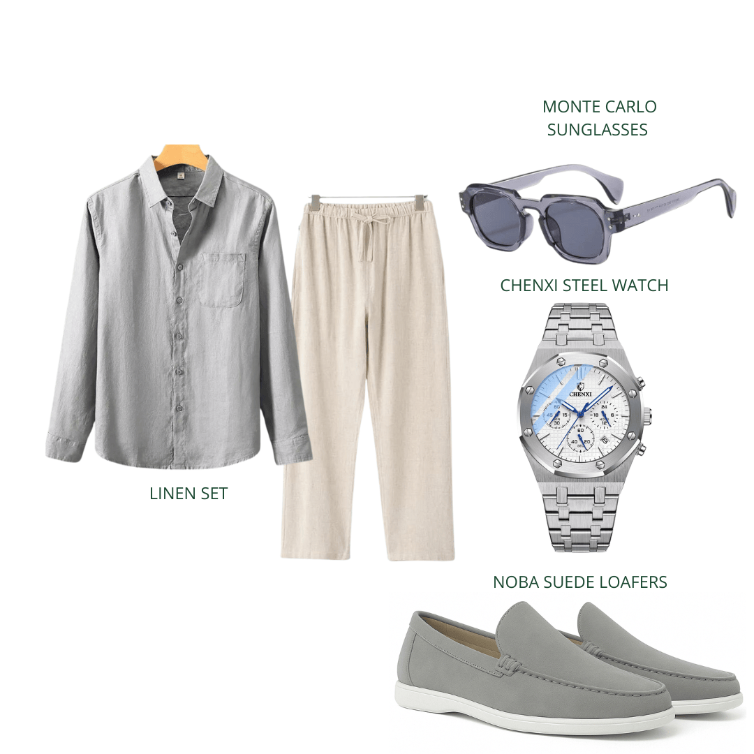 Emma & Rose Manhattan Arne™ silver two-piece set featuring a stylish top and matching pants, displayed on a model.