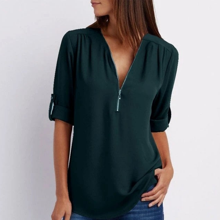 Pippa | Women's Lightweight Zip-Front V-Neck Roll-Sleeve Blouse