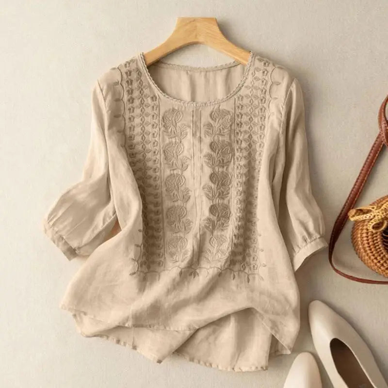 Aurora – Embroidered Relaxed Blouse (Cotton & Linen)