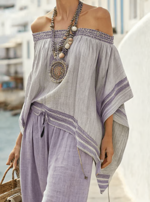 Two-Piece Linen Set with Off-the-Shoulder Design