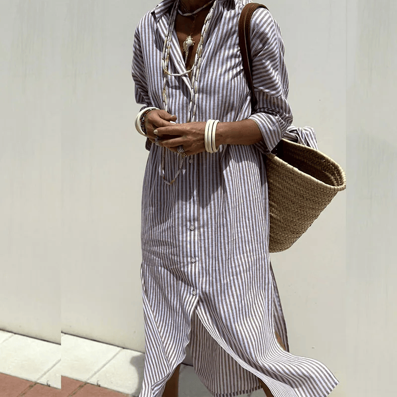 Emma & Rose Manhattan Sophie™ elegant striped shirt dress, featuring a classic collar, button front, and waist belt for a chic look.