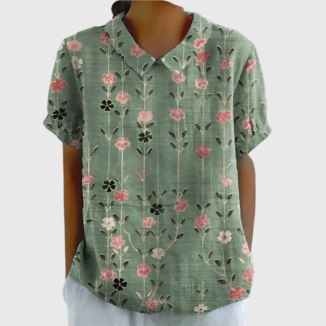 Thea | Women's Linen Floral Print Short Sleeve Collared Blouse