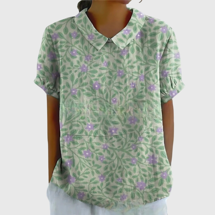 Thea | Women's Linen Floral Print Short Sleeve Collared Blouse