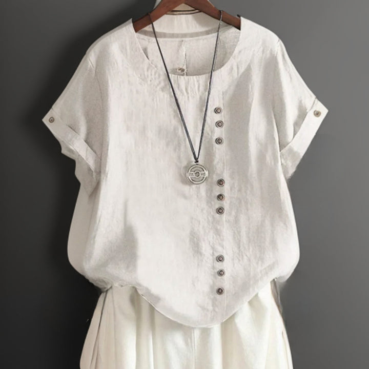 Joline┃T-shirt with Round Neck and Buttons