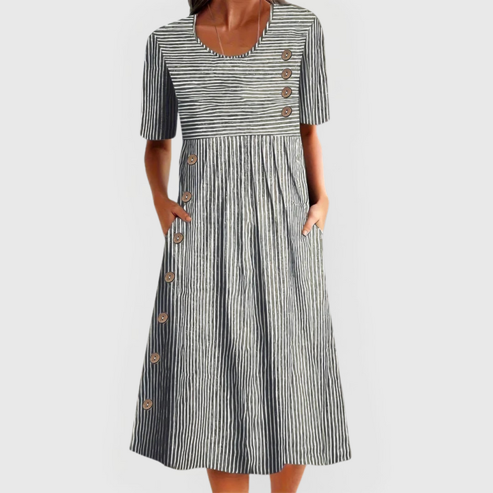 Carmen | Women's Midi Dress with Stripes and Decorative Buttons