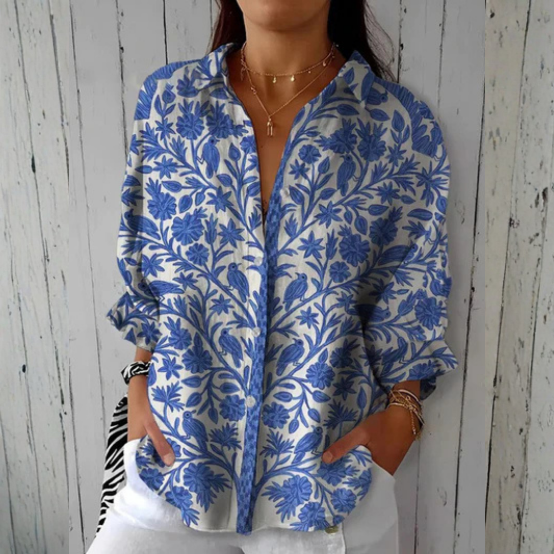 Women's Garden Blouse with Floral Print and Button-Down Front