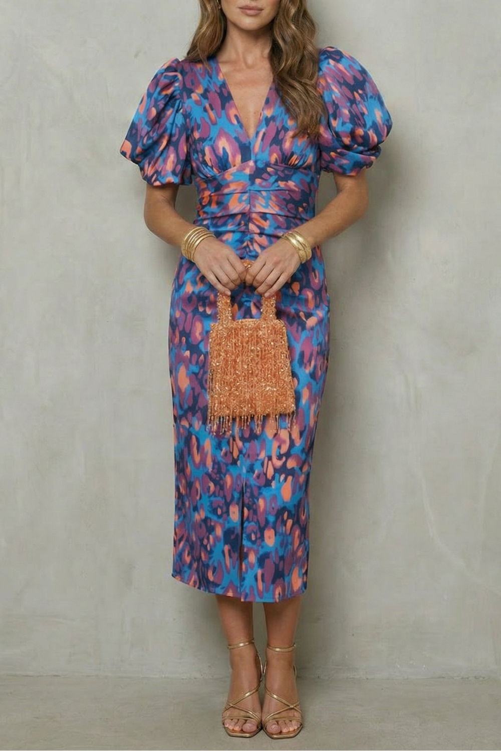 Valerissa – Bold abstract statement – Puff sleeve midi dress