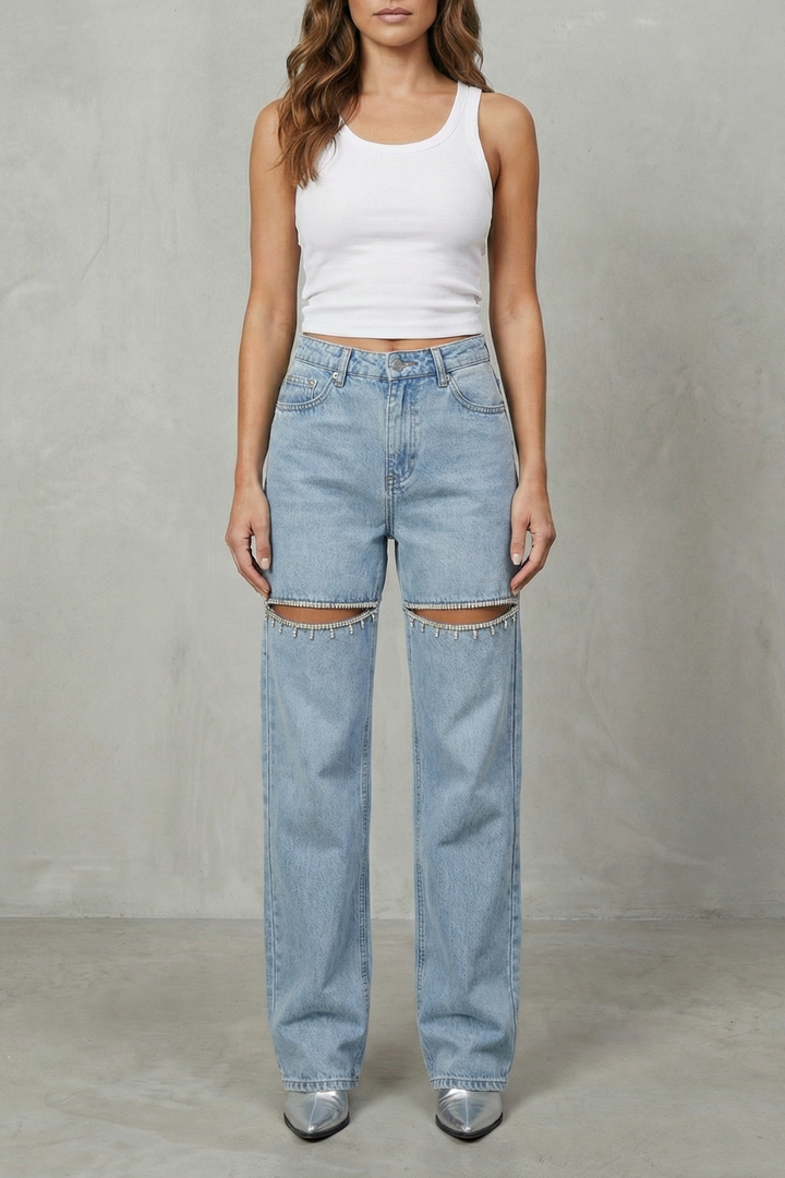 Velmoura – Crystal cut detail – Wide leg jeans