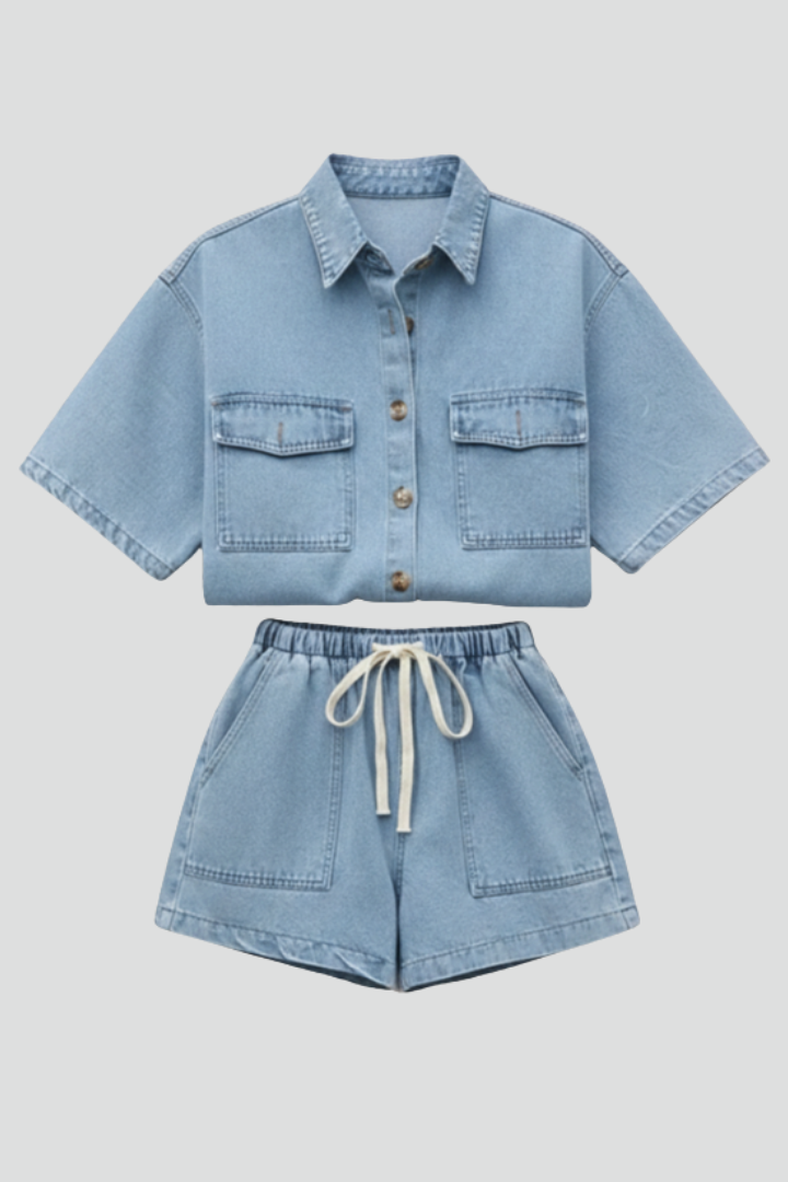 Women’s Denim Set with Short-Sleeve Shirt Jacket and Shorts