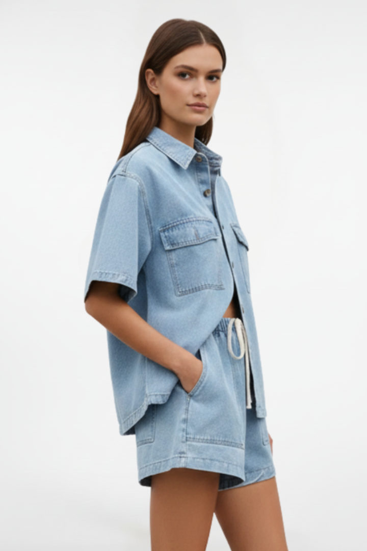 Women’s Denim Set with Short-Sleeve Shirt Jacket and Shorts