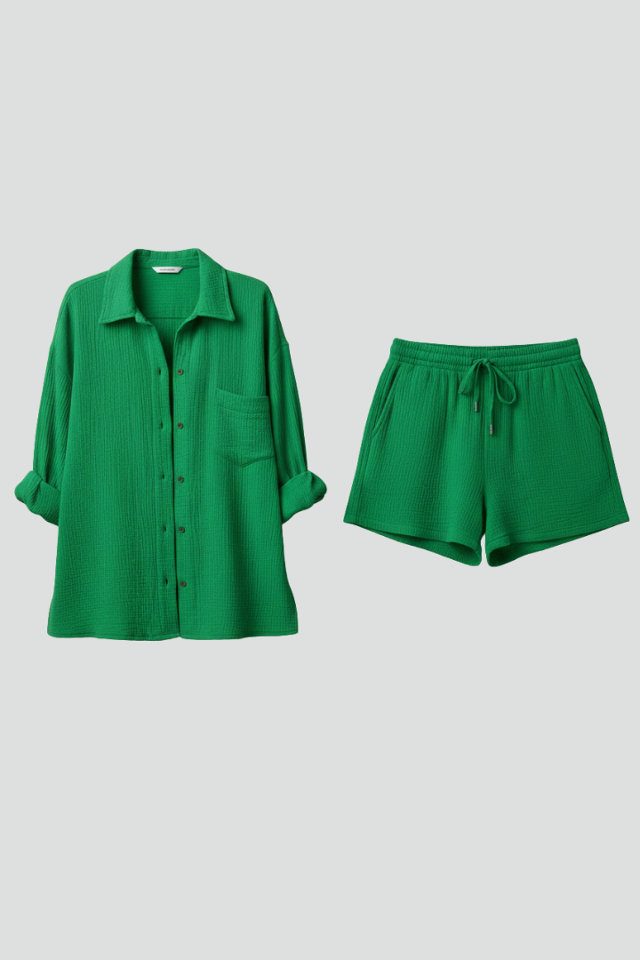 Women’s Two-Piece Set with Button Shirt and Drawstring Shorts