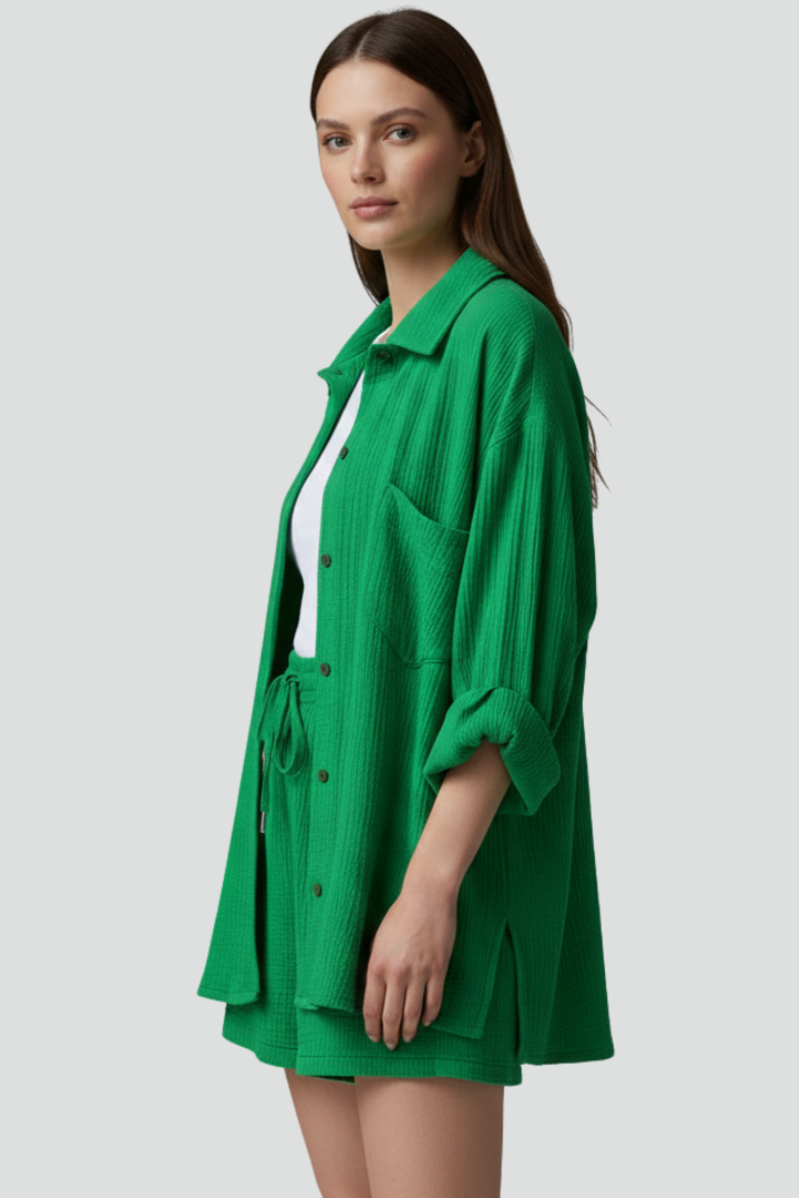 Women’s Two-Piece Set with Button Shirt and Drawstring Shorts