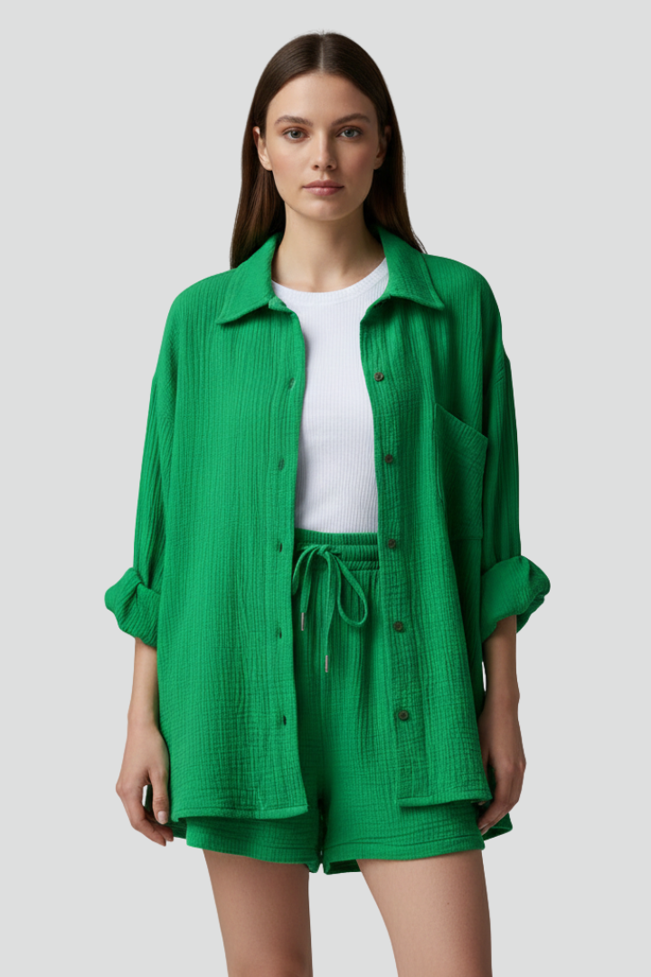 Women’s Two-Piece Set with Button Shirt and Drawstring Shorts
