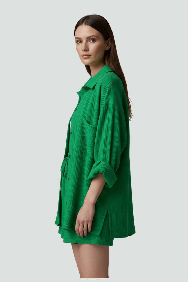 Women’s Two-Piece Set with Button Shirt and Drawstring Shorts