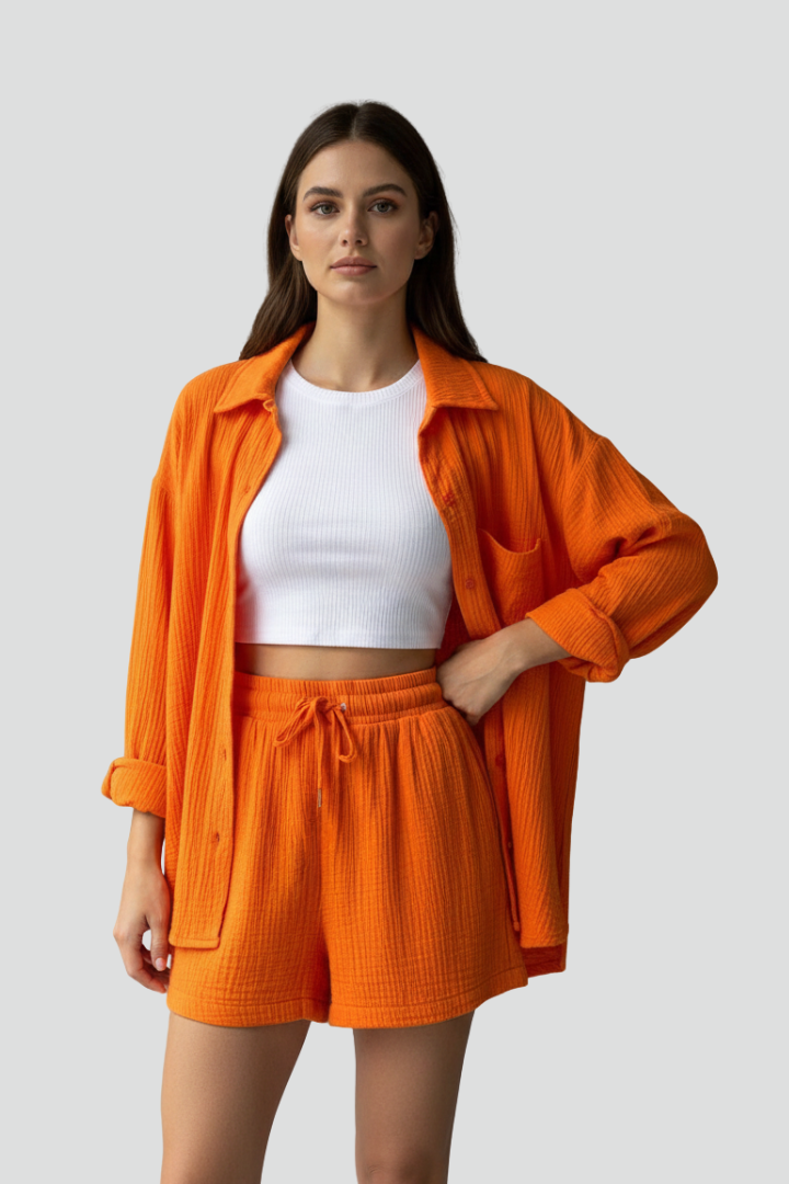Women’s Two-Piece Set with Button Shirt and Drawstring Shorts