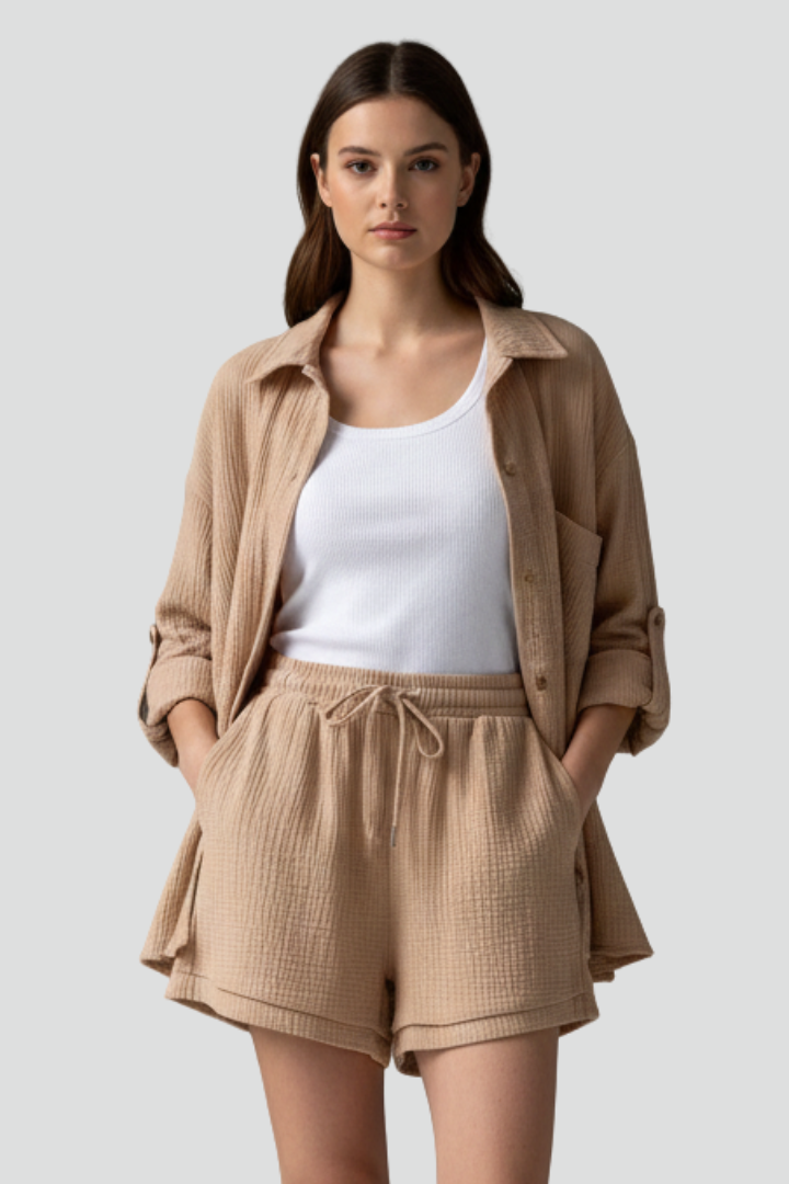 Women’s Two-Piece Set with Button Shirt and Drawstring Shorts