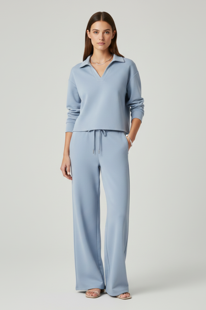 Women’s Two-Piece Set with V-Neck Top and Wide-Leg Pants