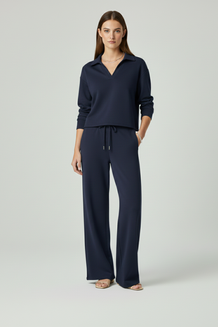 Women’s Two-Piece Set with V-Neck Top and Wide-Leg Pants