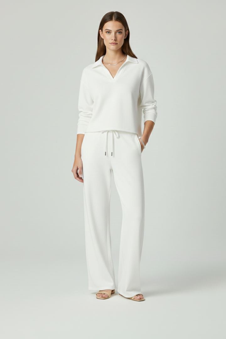Women’s Two-Piece Set with V-Neck Top and Wide-Leg Pants