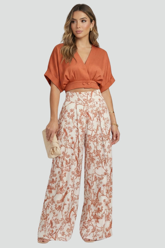 Women’s Two-Piece Set with V-Neck Top and Wide-Leg Trousers