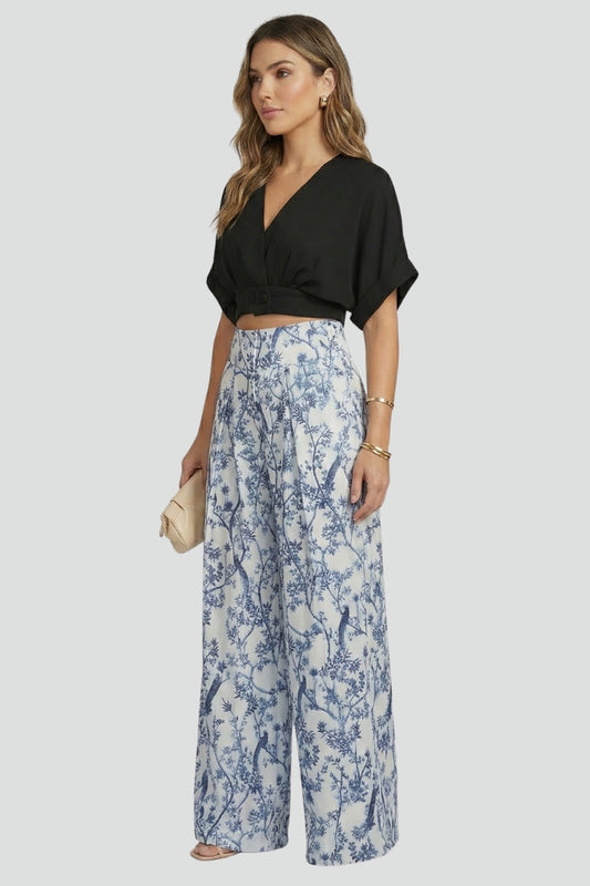 Women’s Two-Piece Set with V-Neck Top and Wide-Leg Trousers