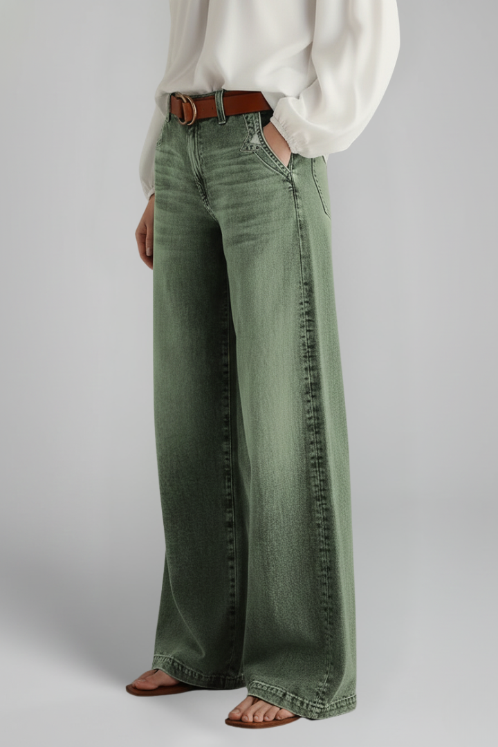 Women’s Wide-Leg Jeans with High-Rise Waist and Front Closure