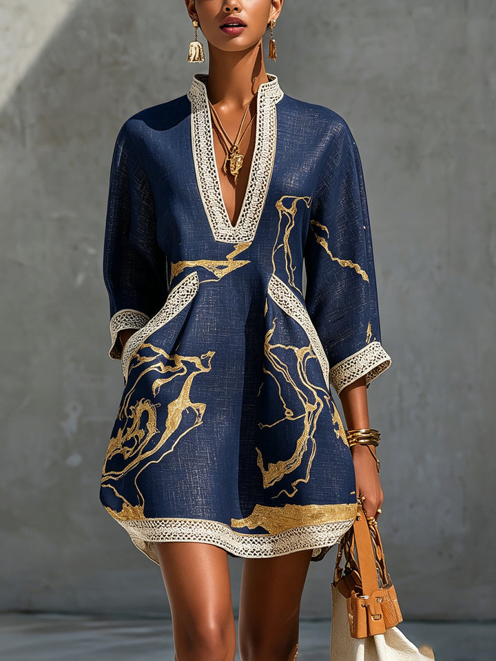 Donatella - Mini black dress with golden marble print and crochet lace