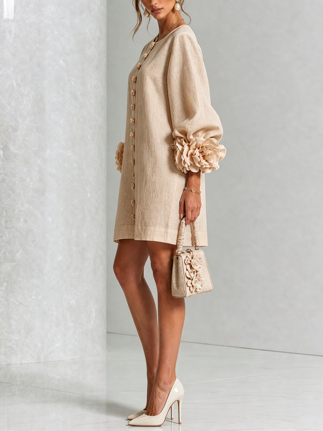 White Mini Dress with Floral Buttons and Dramatic Floral Sleeves