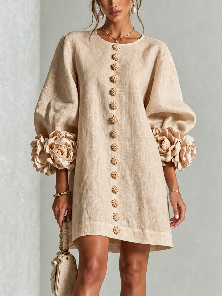 White Mini Dress with Floral Buttons and Extravagant Floral Sleeves