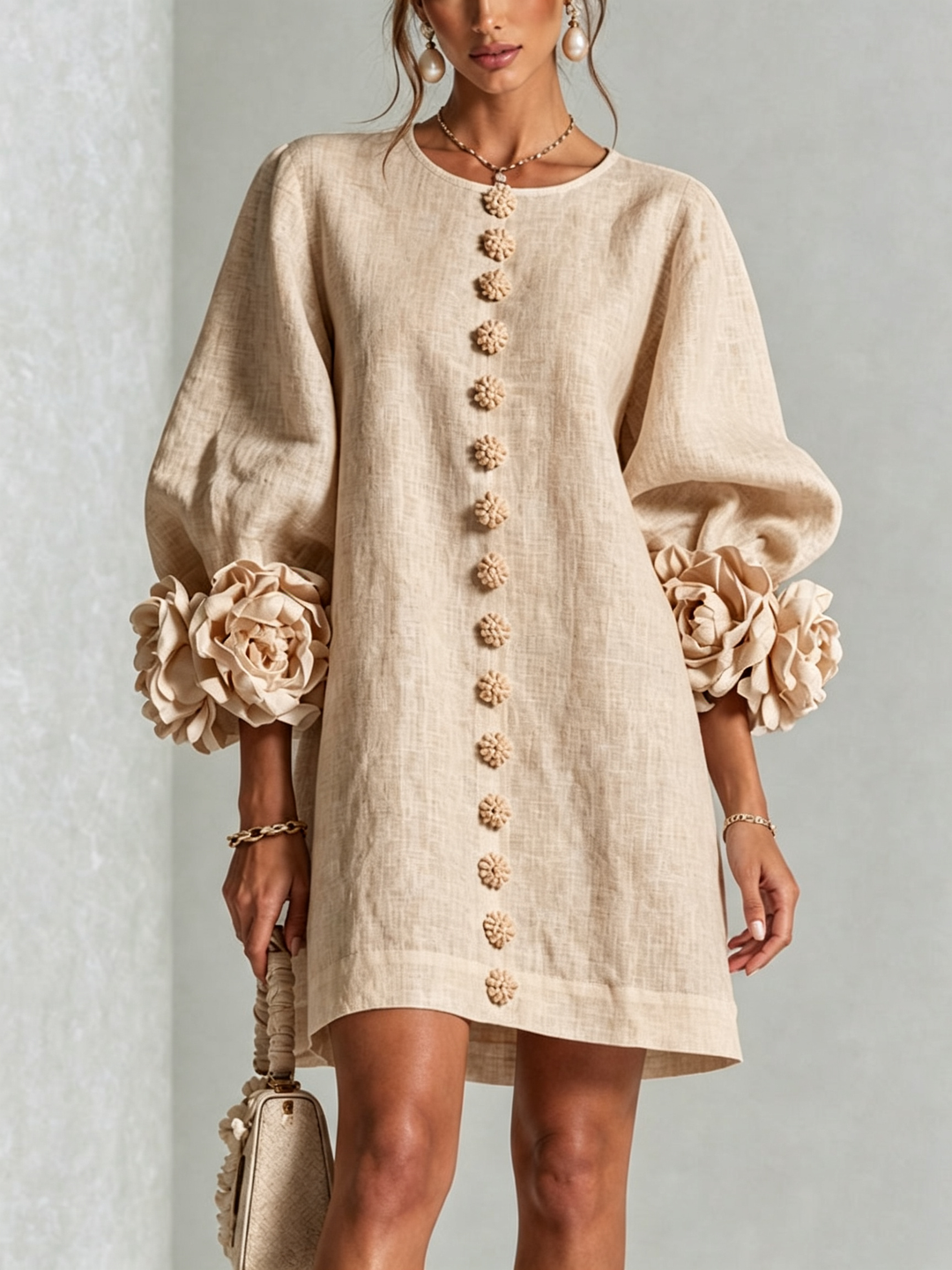 White Mini Dress with Floral Buttons and Dramatic Floral Sleeves
