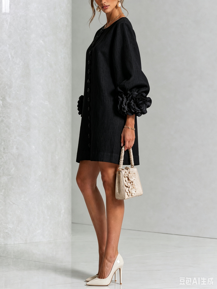 White Mini Dress with Floral Buttons and Dramatic Floral Sleeves