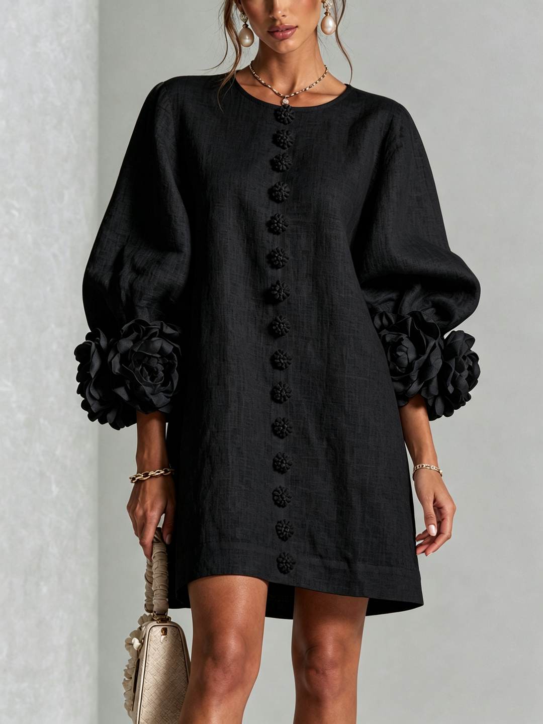 White Mini Dress with Floral Buttons and Dramatic Floral Sleeves