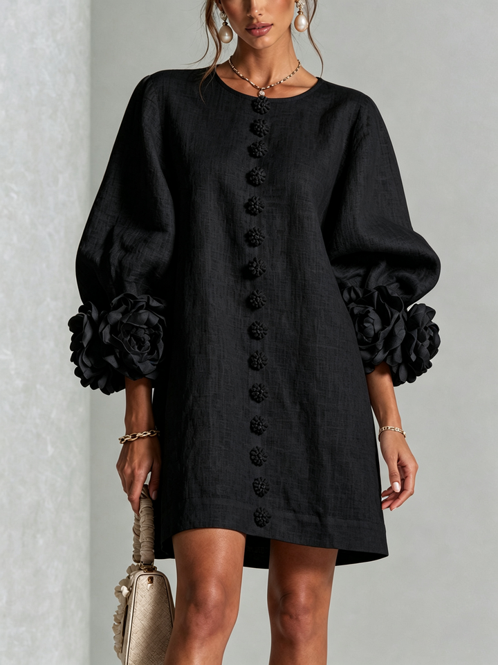 White Mini Dress with Floral Buttons and Dramatic Floral Sleeves