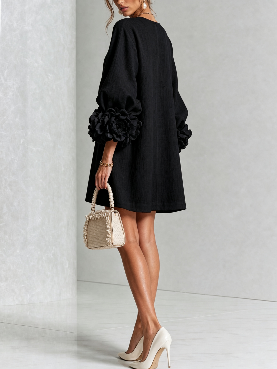 White Mini Dress with Floral Buttons and Dramatic Floral Sleeves