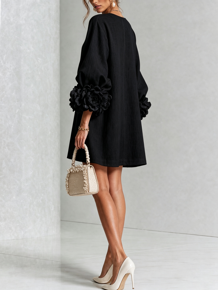 White Mini Dress with Floral Buttons and Extravagant Floral Sleeves