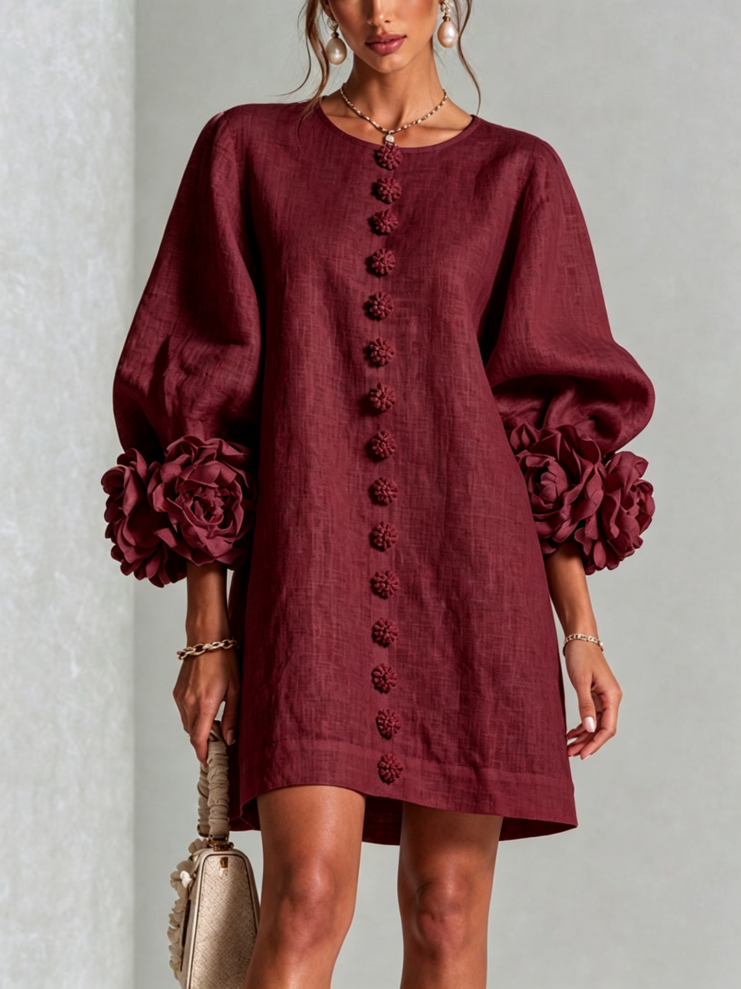 White Mini Dress with Floral Buttons and Dramatic Floral Sleeves