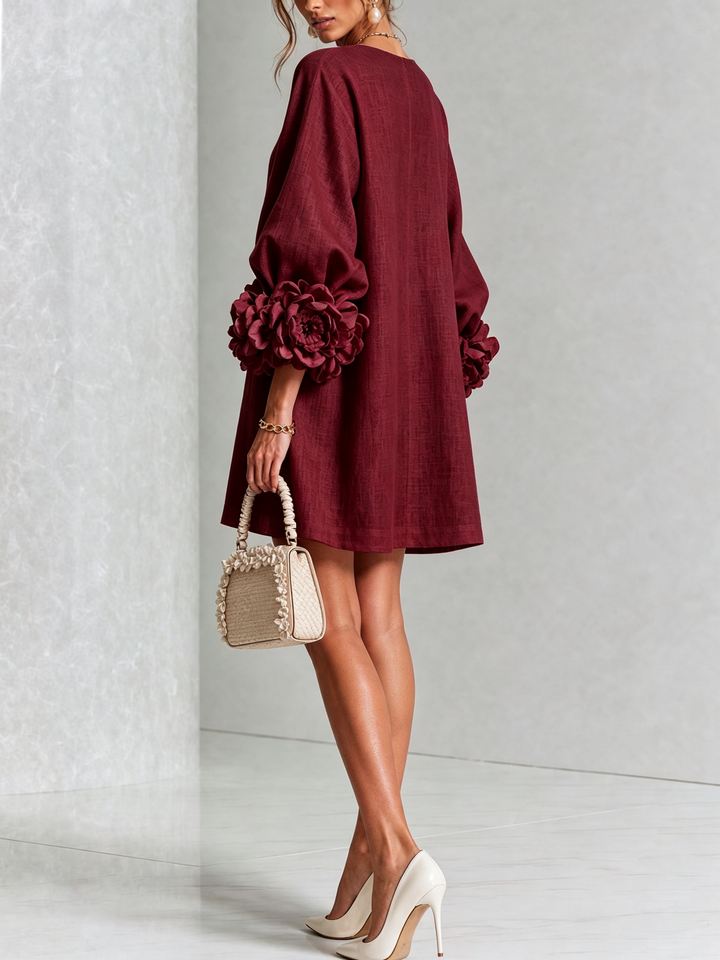 White Mini Dress with Floral Buttons and Dramatic Floral Sleeves