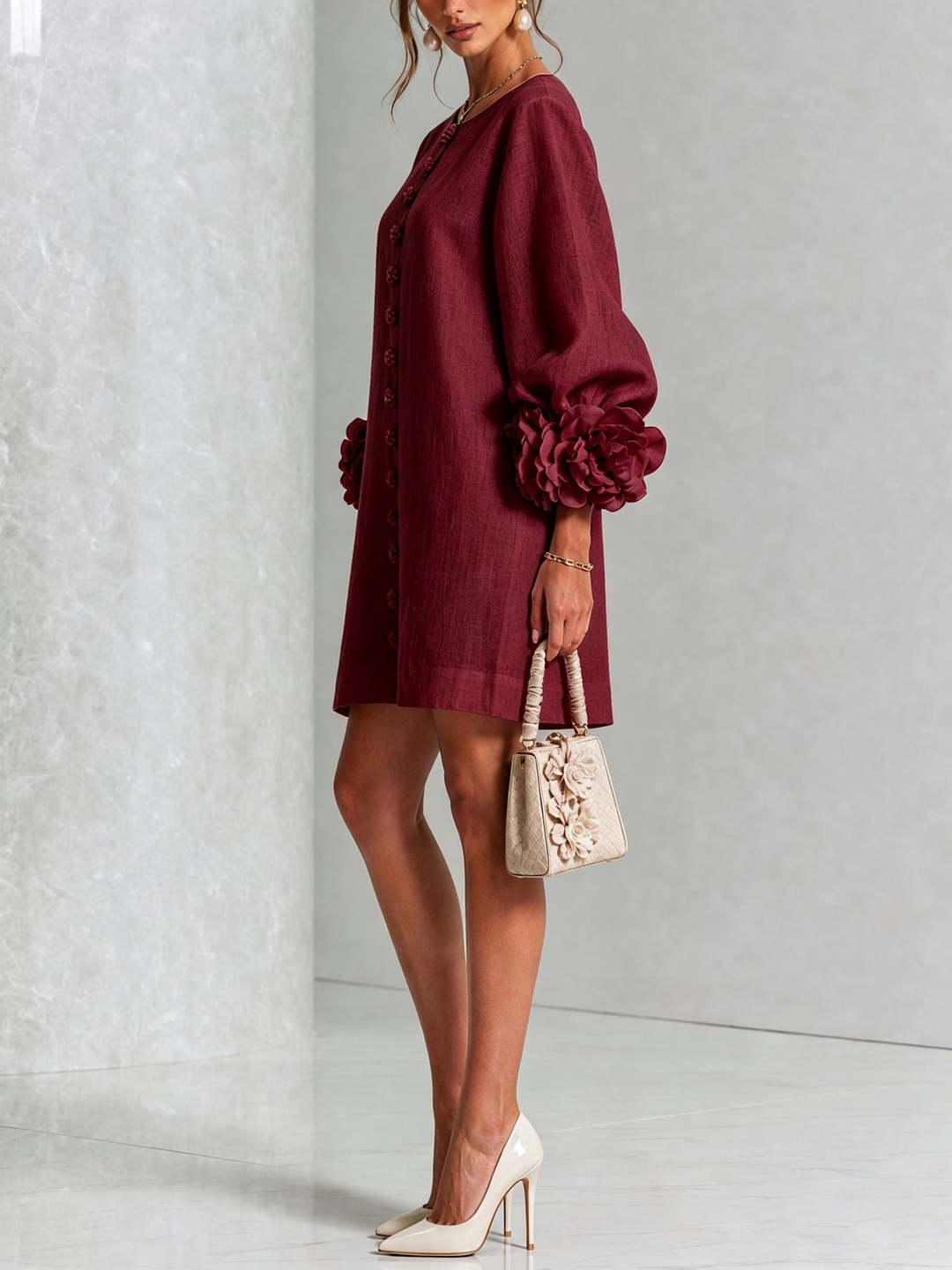 White Mini Dress with Floral Buttons and Dramatic Floral Sleeves