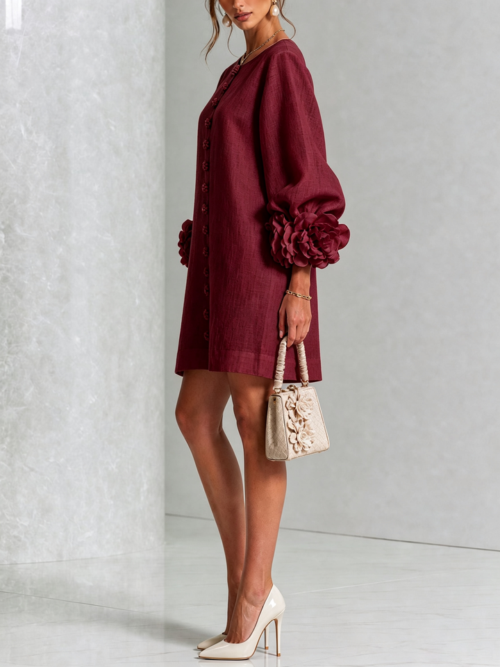 White Mini Dress with Floral Buttons and Dramatic Floral Sleeves