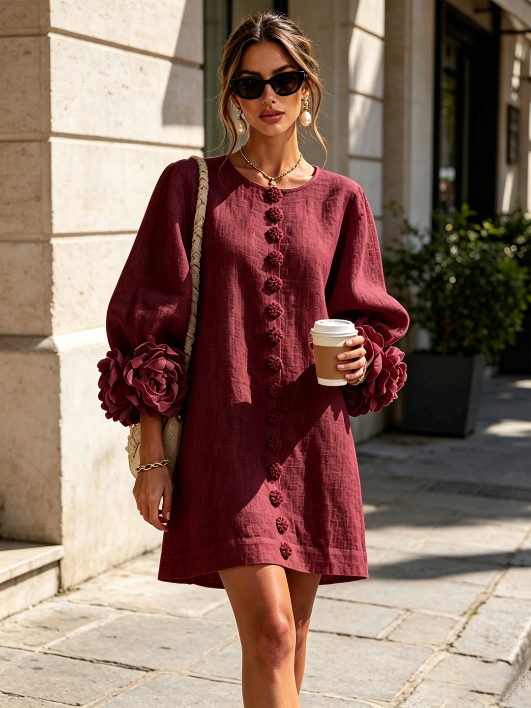 White Mini Dress with Floral Buttons and Dramatic Floral Sleeves