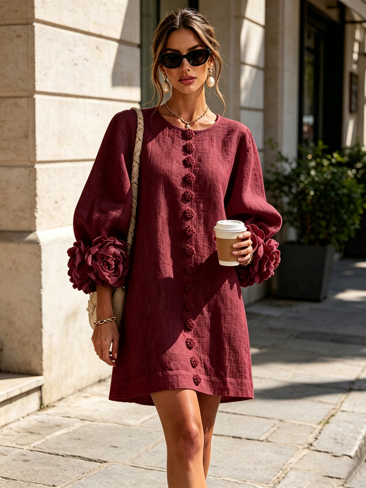 White Mini Dress with Floral Buttons and Dramatic Floral Sleeves