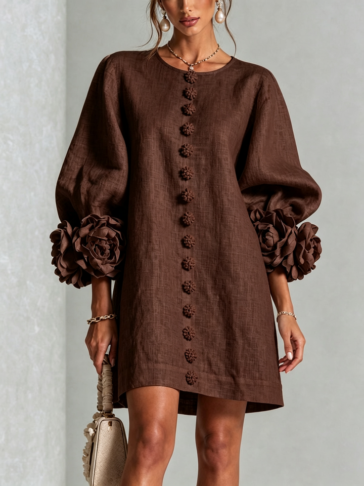 White Mini Dress with Floral Buttons and Dramatic Floral Sleeves