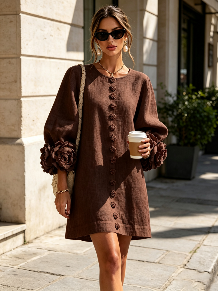 White Mini Dress with Floral Buttons and Dramatic Floral Sleeves