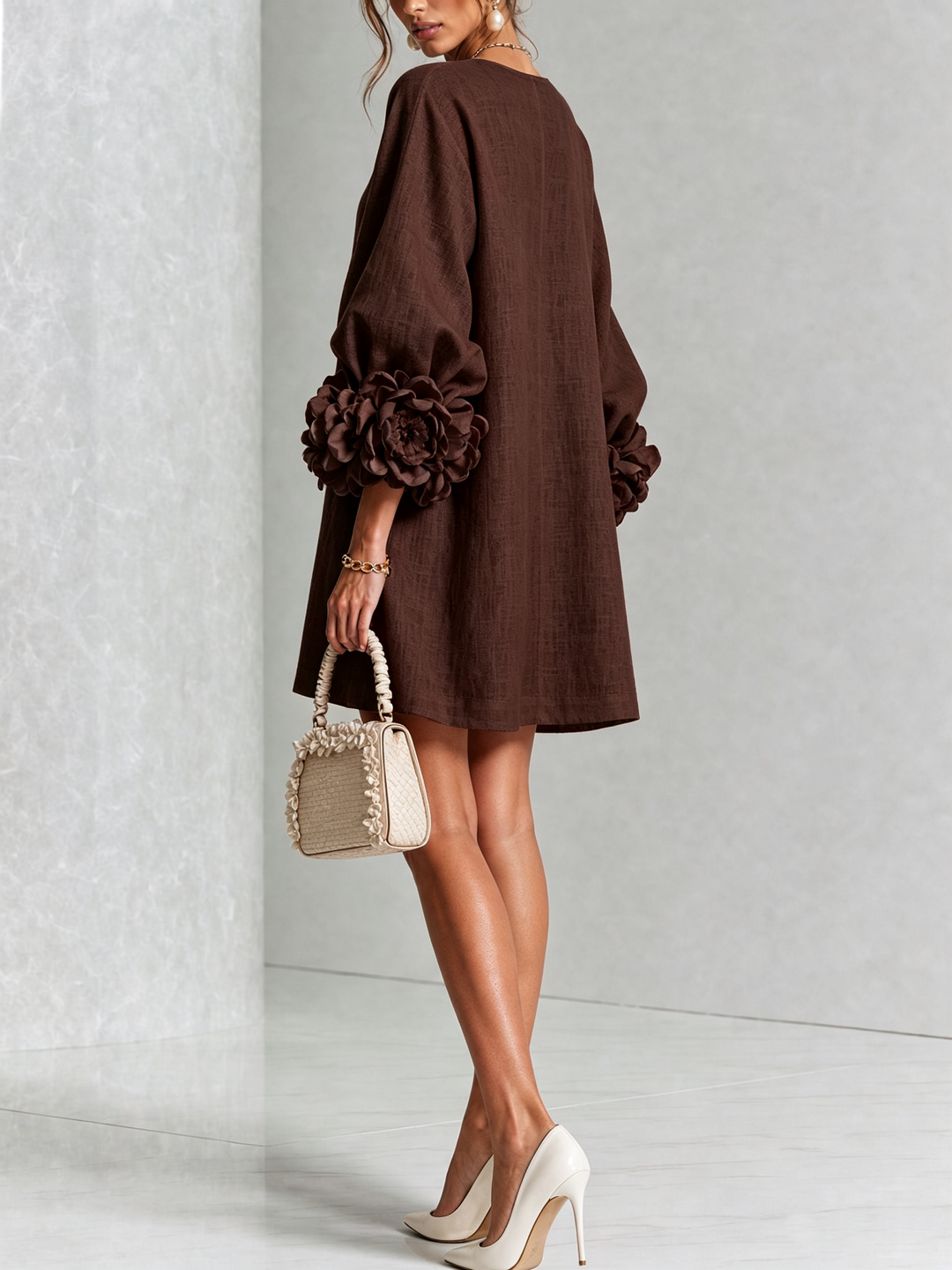 White Mini Dress with Floral Buttons and Extravagant Floral Sleeves