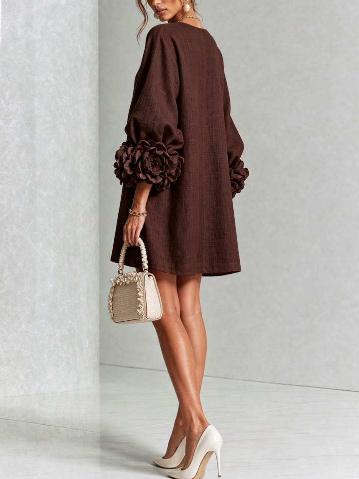 White Mini Dress with Floral Buttons and Dramatic Floral Sleeves
