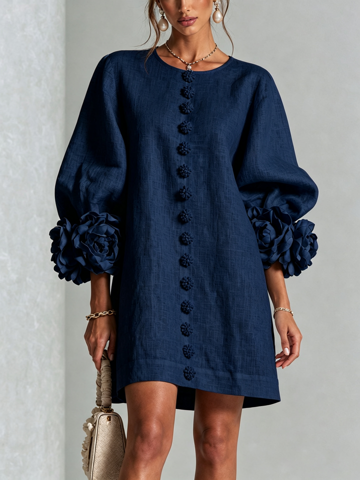 White Mini Dress with Floral Buttons and Dramatic Floral Sleeves