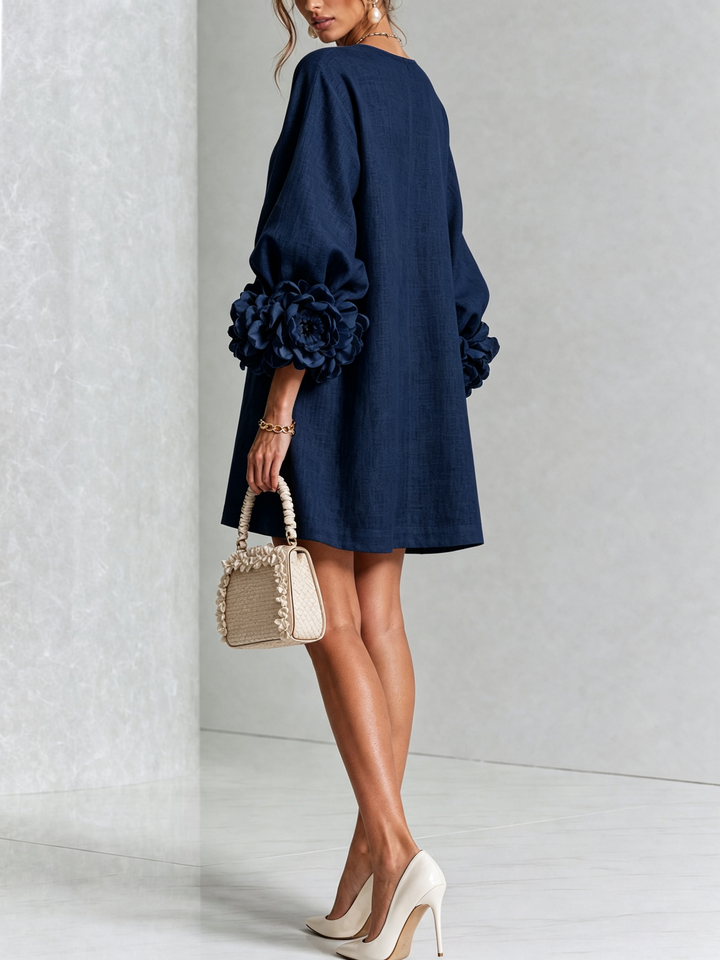 White Mini Dress with Floral Buttons and Extravagant Floral Sleeves
