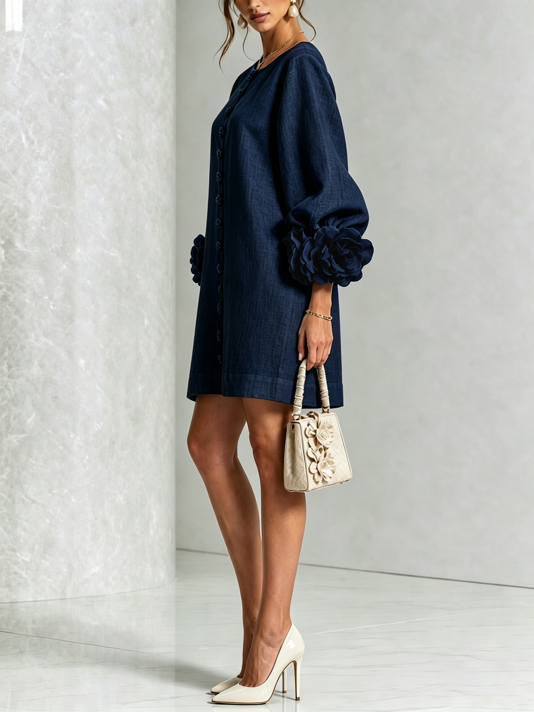 White Mini Dress with Floral Buttons and Dramatic Floral Sleeves