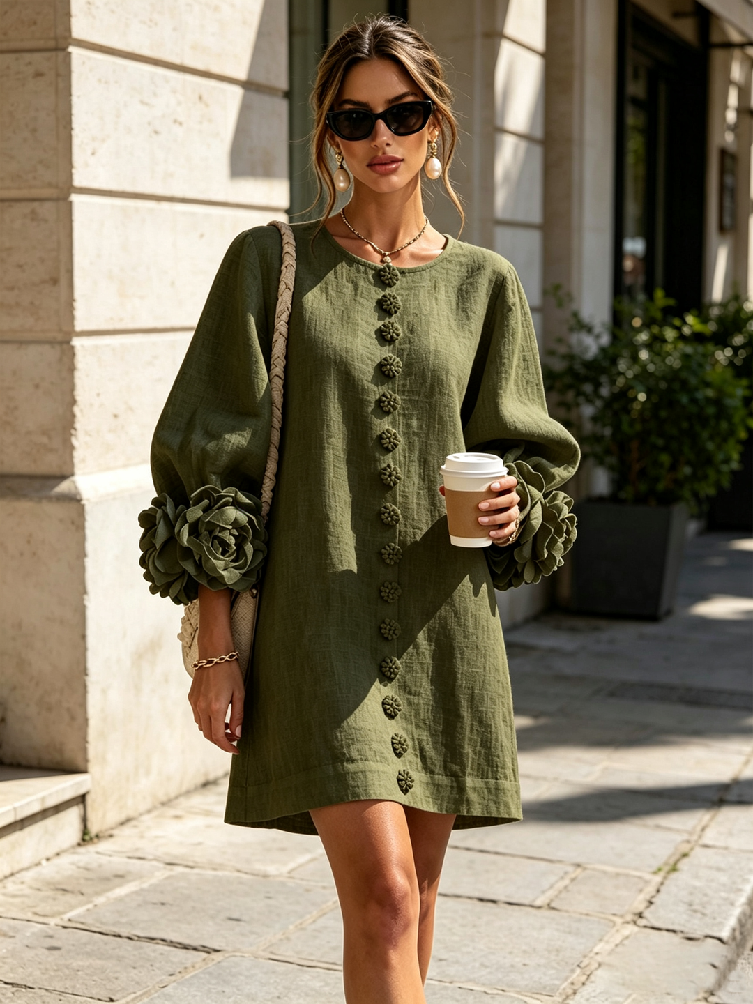 White Mini Dress with Floral Buttons and Dramatic Floral Sleeves